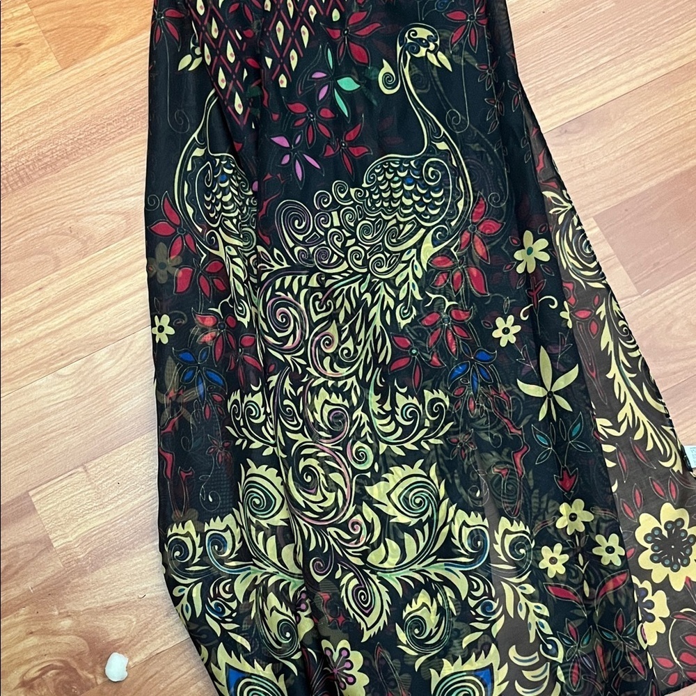 Black and Gold Peacock Patterned Scarf Polyester
